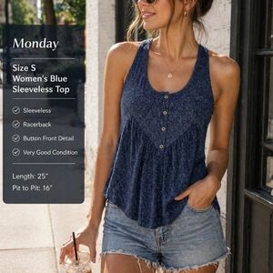 Monday Blue Sleeveless Tank Top Small Women Button Front Casual Racerback Knit